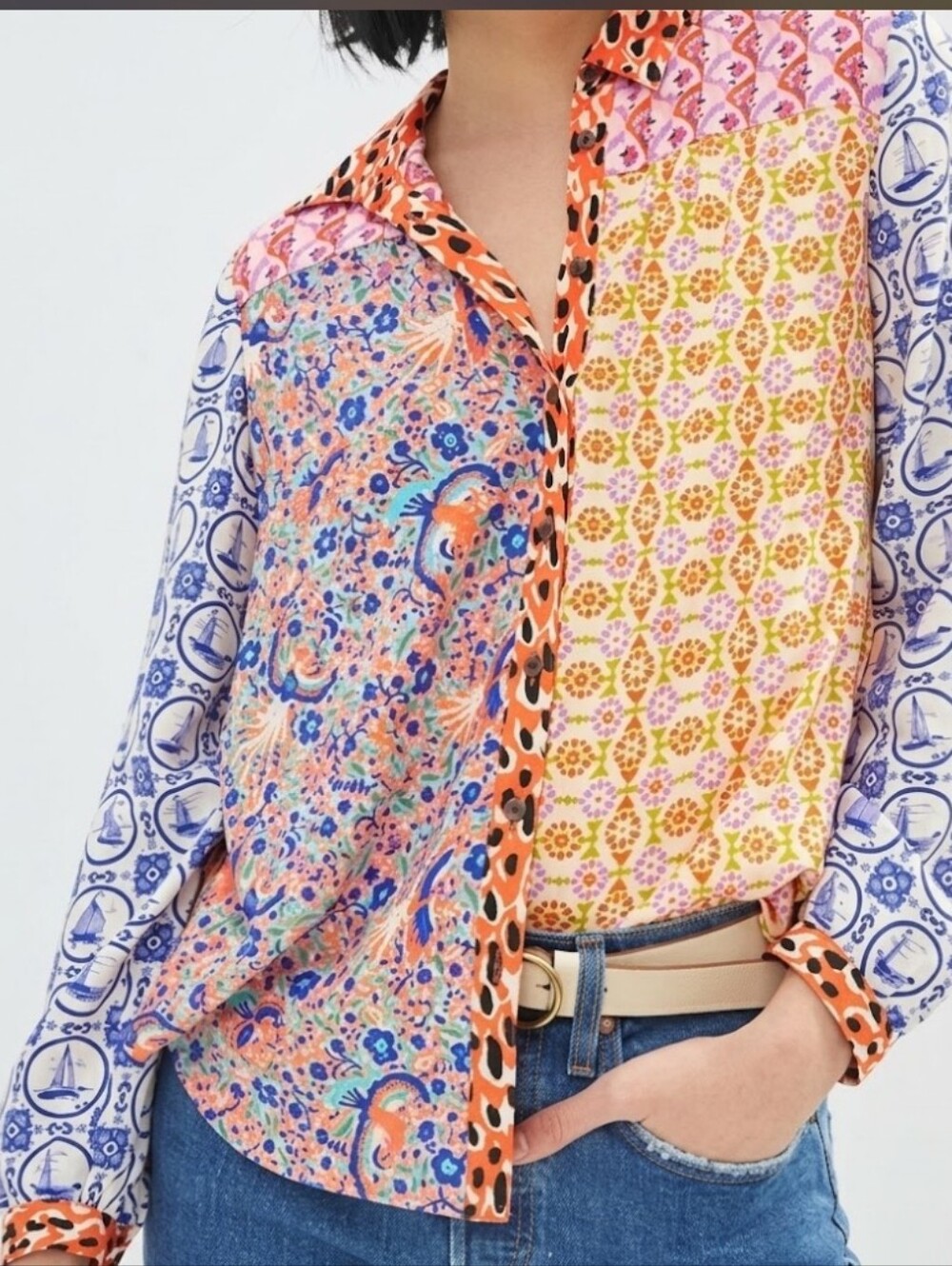 MAEVE | ANTHROPOLOGIE PAZ Colorblock Floral-Print Button Shirt, Sz PM